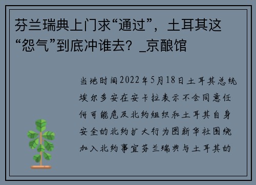 芬兰瑞典上门求“通过”，土耳其这“怨气”到底冲谁去？_京酿馆